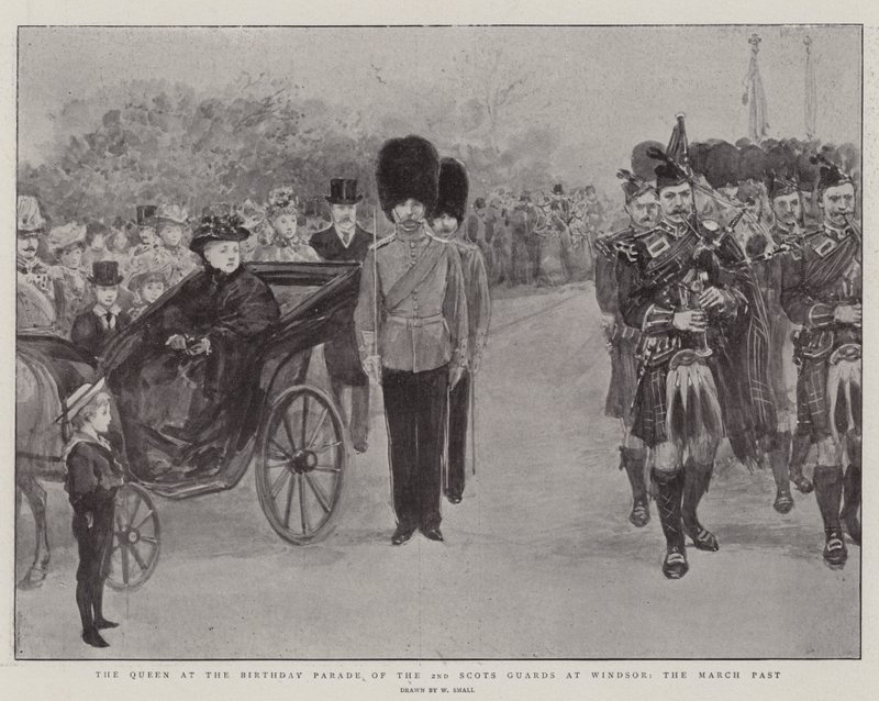 Królowa na paradzie urodzinowej II Gwardii Szkockiej w Windsor, przeszłość marcowa autorstwa William Small