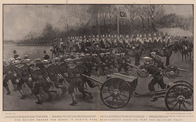 Recenzja przed królową w Phoenix Park, Bluejackets podwajają się za Saluting Point autorstwa William Small