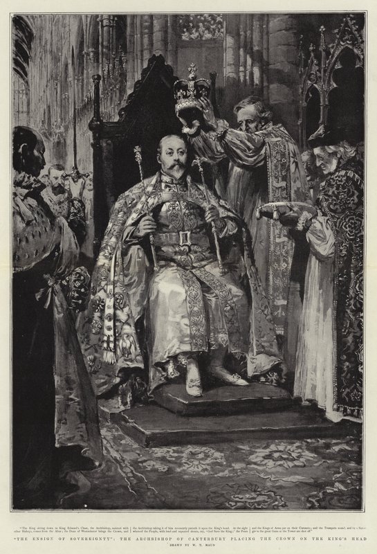 Chorąży Suwerenności, arcybiskup Canterbury umieszczający koronę na głowie króla autorstwa William T. Maud