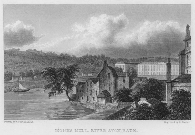 Młyn mnichów, rzeka Avon, Bath (grawerowanie) autorstwa William (after) Westall