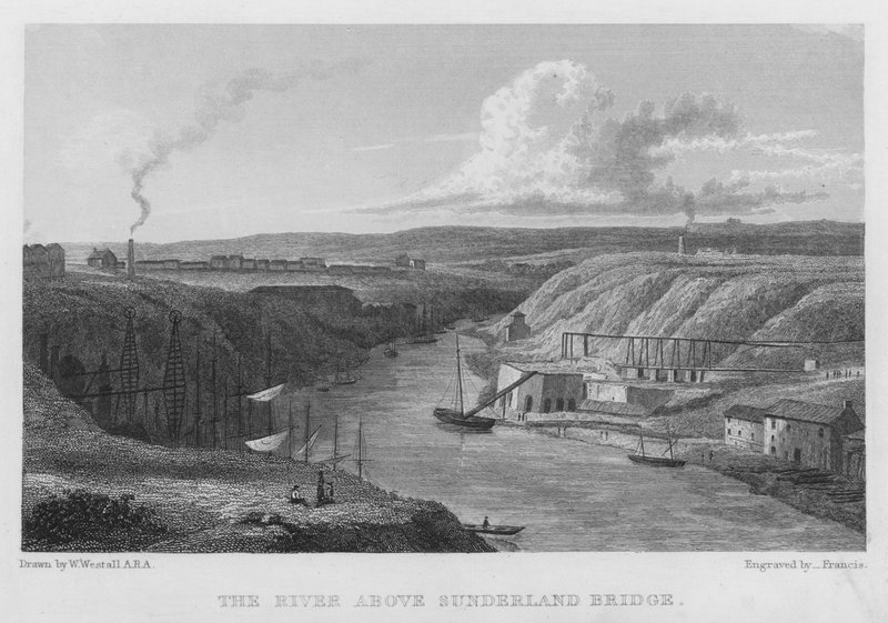 Rzeka nad mostem Sunderland (rycina) autorstwa William (after) Westall
