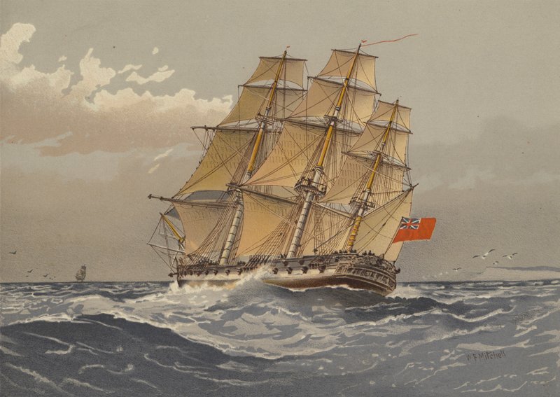 Fregata 38-działowa, około 1770 autorstwa William Frederick Mitchell
