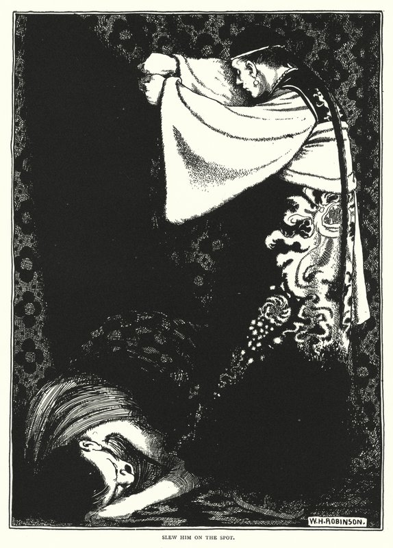 Zabił go na miejscu (grawerunek) autorstwa William Heath Robinson