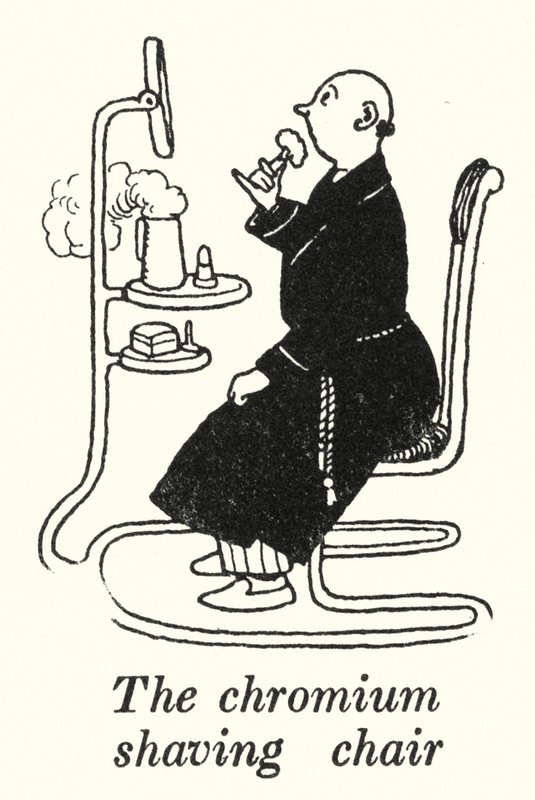 Chromowane krzesło do golenia (litowe) autorstwa William Heath Robinson