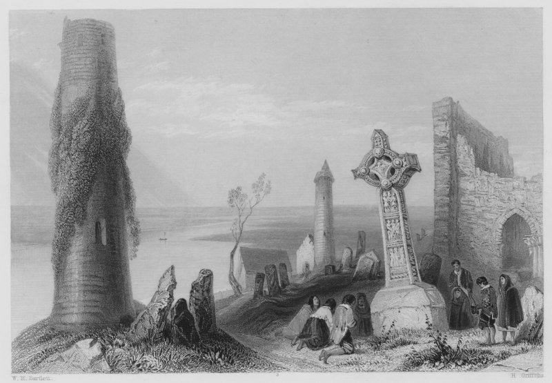 Starożytny Krzyż, Clonmacnoise (grawerowanie) autorstwa William Henry (after) Bartlett