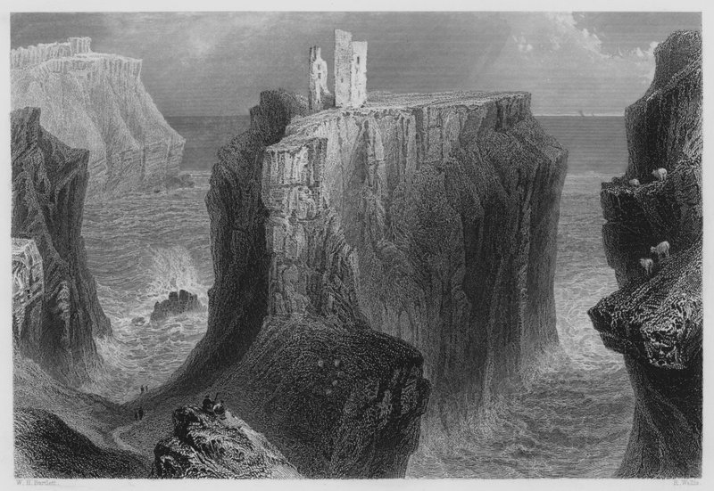 Zamek Dunseverick, hrabstwo Antrim (grawerowanie) autorstwa William Henry (after) Bartlett