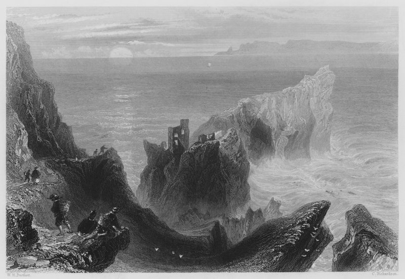 Zamek Kenbane, hrabstwo Antrim (grawerowanie) autorstwa William Henry (after) Bartlett