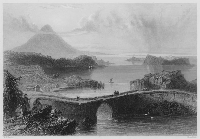 Most Pontonowy, Lough Conn (grawerowanie) autorstwa William Henry (after) Bartlett