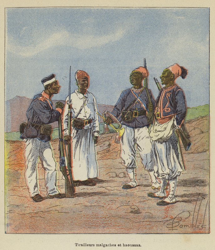 Harcownicy Madagaskaru i Hausa autorstwa after Louis Charles Bombled